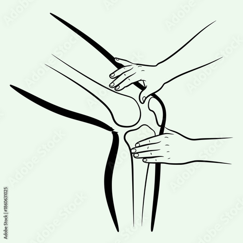 Hands examining human knee joint.