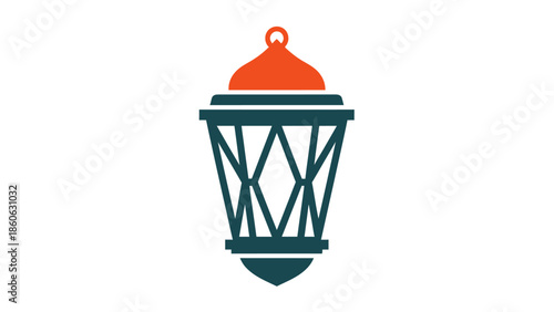 Green metal lantern with orange top.