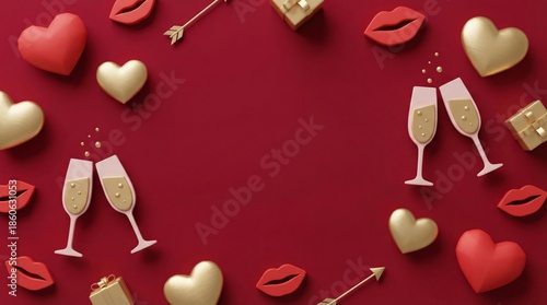 Hearts and Glasses on a Red Background for a Celebration or Event With Love T...