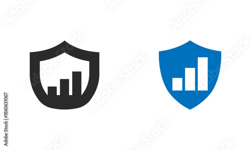 Two shields with bar chart on white background business protection security