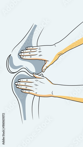 Hands touching a human knee joint.
