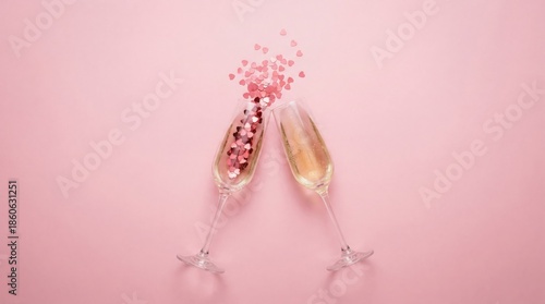 Two Champagne Glasses Filled With Heart-Shaped Confetti on a Pink Background ...