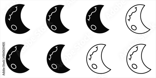 Eight crescent moon icons with wavy lines and circles in black and outline symbol celestial