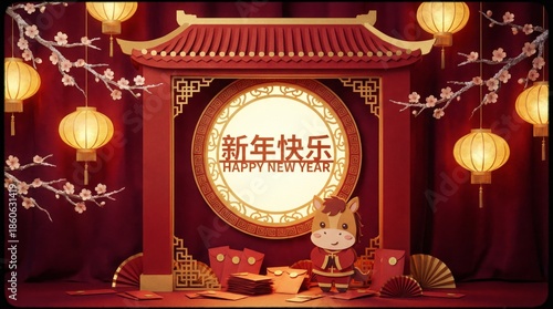 Happy New Year Decoration With Red Lanterns and Horse Symbol in Festive Setting