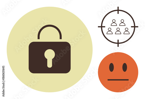 Locked padlock, people in crosshair, neutral expression face. Ideal for privacy, security, data protection, surveillance concerns, digital safety risk management and compliance concepts. Clean flat