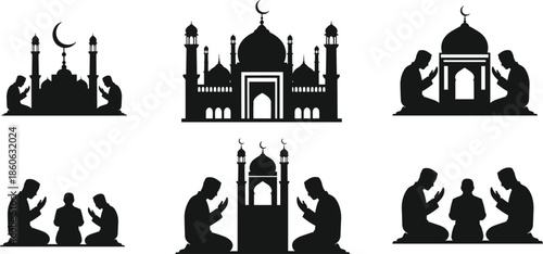 Islamic Mosques with Silhouettes of People Praying on White Background Keywords: islam, mosque, prayer, silhouette, people
