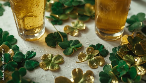 Decorative Shamrocks and Drinks on a Table During a Festive Gathering