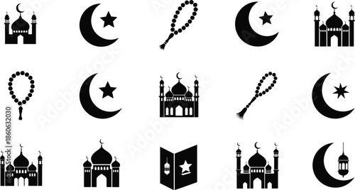 Islamic symbols including mosques, crescent moons, stars, and prayer beads vector illustration
