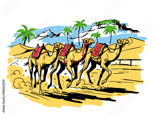 Dynamic Camel Race Illustration in Desert Landscape. Fast Running Dromedaries, Sand Dunes, Palm Trees, and Mountain Cliffs.