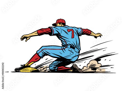 Dynamic Baseball Player Sliding into Base | Retro Comic Book Style Illustration of Sports Action on White Background