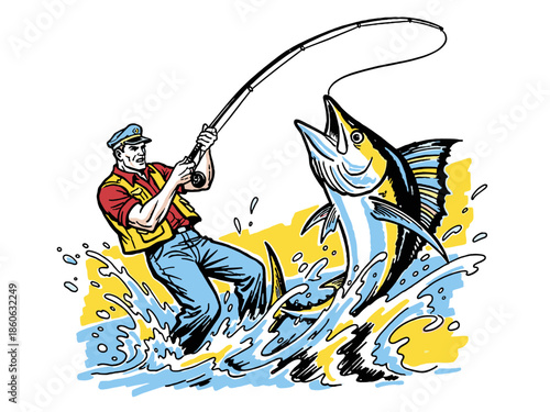 Retro Pop Art Fisherman Reeling in a Huge Jumping Marlin. Vintage Big Game Fishing Cartoon Illustration.