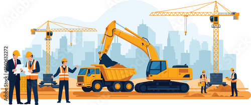 Flat vector illustration of a modern construction site featuring excavators dump trucks cranes and engineers working on an urban development project.