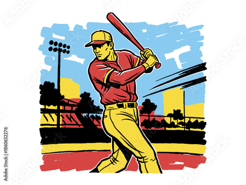 Vintage Baseball Batter Hitter Pop Art Illustration. Retro Athlete Swinging Bat at Stadium Graphic Design Style.