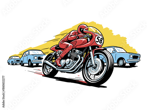 Vintage Motorcycle Racer Overtaking Traffic. Retro Motorbike Speeding Illustration in Pop Art Comic Style.
