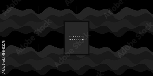 Dynamic seamless abstract pattern with dark grey overlapping wavy layers or liquid waves on black background for professional presentation backdrop