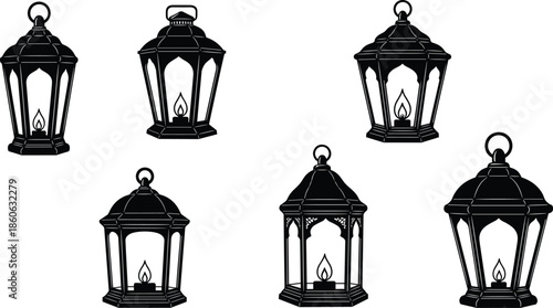 Set of Black Silhouette Islamic Lanterns with Lit Candles Ramadan lanterns Eid lanterns