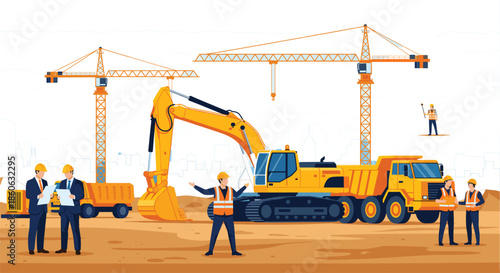 Flat vector banner of a large-scale civil engineering construction site featuring yellow excavators cranes dump trucks and site engineers.