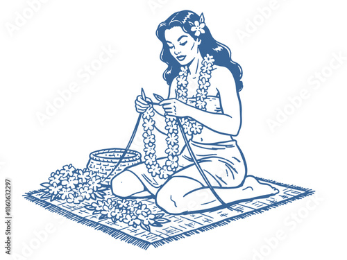Retro Hawaiian Woman Making Lei Garland. Vintage Pin-up Style Blue Vector Illustration of Polynesian Girl Crafting Flowers on a Mat.