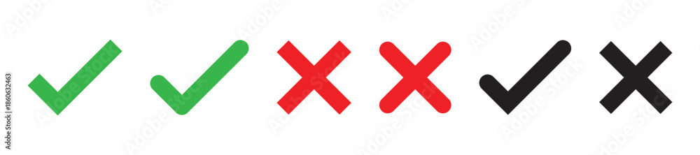 Obraz premium Green check marks and red crosses on a transparent background. Symbols for correct and incorrect. Check marks and crosses for decisions and feedback. Vector element set. 