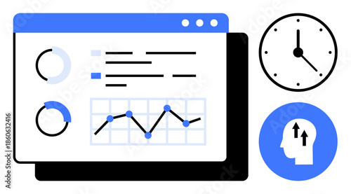 Data analytics concept. Data analytics ed through performance charts, insightful graphs, and related time management tools. Data analytics supports decision making and productivity. Perfect