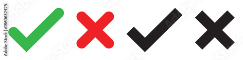 Green check marks and red crosses on a transparent background. Symbols for correct and incorrect. Check marks and crosses for decisions and feedback. Vector element set. 