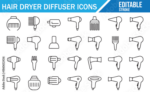 Hair dryer and diffuser line icons vector set with editable stroke.