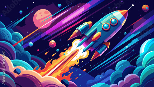 Very beautiful vector illustration of a futuristic rocket launching into deep space, surrounded by stars and glowing nebulae, dynamic motion and clean sci fi design.
