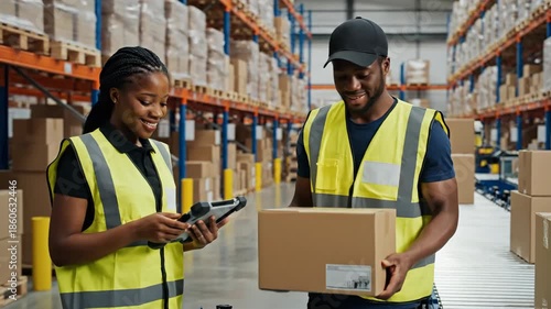 Warehouse worker scanning package with barcode scanner and colleague supervision