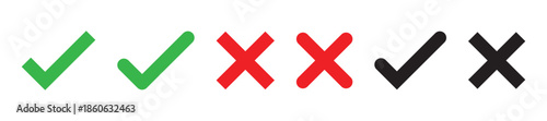 Green check marks and red crosses on a transparent background. Symbols for correct and incorrect. Check marks and crosses for decisions and feedback. Vector element set. 