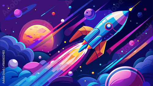 Very beautiful vector illustration of a futuristic rocket launching into deep space, surrounded by stars and glowing nebulae, dynamic motion and clean sci fi design.