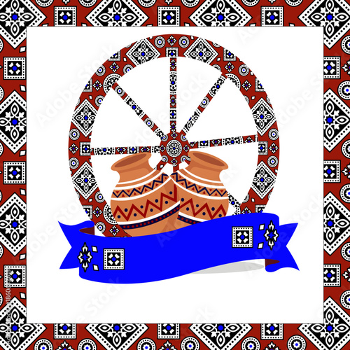 Sindhi Culture Day Celebration Poster with Ajrak Pattern and Clay Pots.