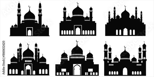 Six Black Silhouettes of Islamic Mosques with Domes and Minarets Keywords: mosque, Islamic, architecture, building, silhouette