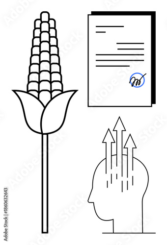 Corn agriculture. Corn plant farming and food production. Contract signing signifies formal agreements. Intellectual growth with upward arrows for development. Ideal for agriculture, education