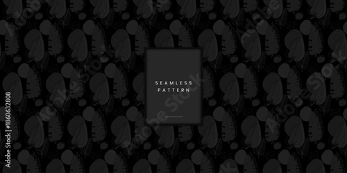 Seamless dark monochrome pattern with line art leaves and dotted texture on black repeating charcoal botanical outline and hand drawn elements for modern design