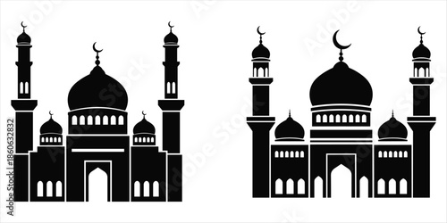 Two Black Silhouettes of Islamic Mosques with Minarets and Domes Keywords: islam, mosque, silhouette, islamic, architecture