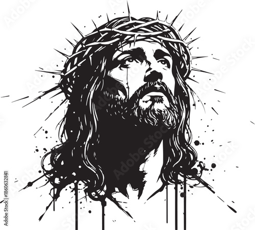 High Contrast Black and White Jesus Christ Portrait with Crown of Thorns – Grunge Ink Style Religious Vector Illustration