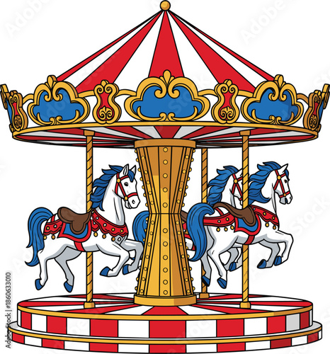Colorful vintage carnival carousel vector illustration with white horses and red and white striped canopy isolated on white background for amusement park concepts.