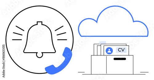 Cloud storage with files under a cloud icon for easy digital access. Notifications concept with a ringing bell and phone icon. For data management, alerts, file organization, communication apps