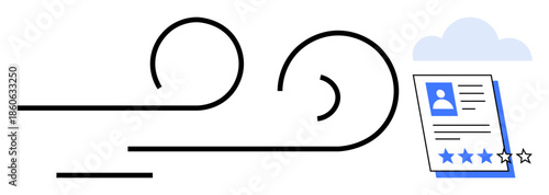 Abstract lines representing movement towards a document with a profile image and star rating under a cloud. Ideal for HR, recruitment, digital storage, job applications, performance review, resumes