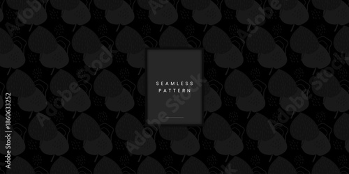 Seamless dark monochrome pattern with heart shaped leaves and dots on black repeating charcoal botanical silhouette with abstract organic shapes for background