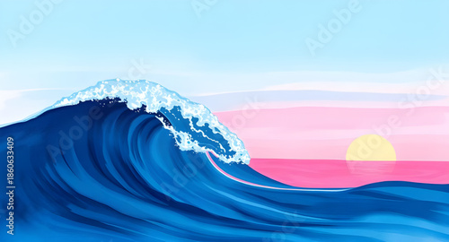sunset painting over sea, ocean sunset painting, sunset seascape illustration, beach sunset art, sunset waves painting, sunset over water vector, tropical sunset painting, coastal sunset illustration,