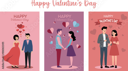 Three different valentines day couple greeting card designs with romantic illustrations and text