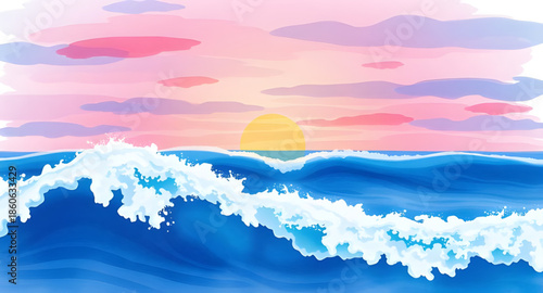 sunset painting over sea, ocean sunset painting, sunset seascape illustration, beach sunset art, sunset waves painting, sunset over water vector, tropical sunset painting, coastal sunset illustration,