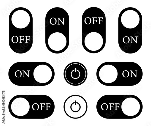 Set of power toggle switch and on off button icons with power symbols. Minimal flat UI controls for system settings, dashboards, mobile apps, SaaS interfaces and device controls