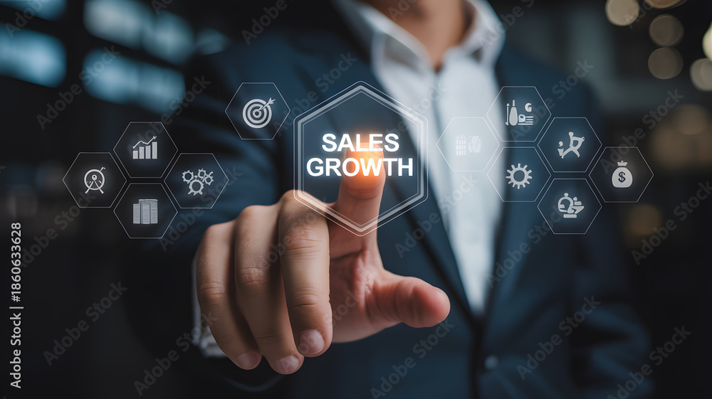 Naklejka premium Businessman Pressing Sales Growth Button on Futuristic Virtual Screen for Strategic Financial Planning.png