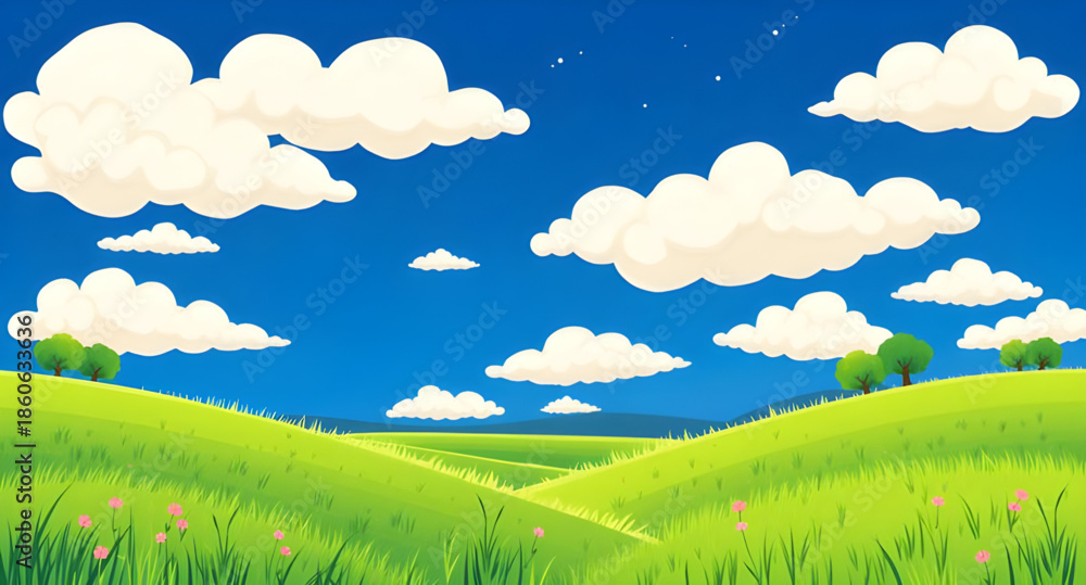 Obraz premium green grass landscape, blue sky scenery, grassy hills vector, summer meadow illustration, landscape with clouds vector, sunny landscape drawing, green field clipart, nature landscape illustration, cou