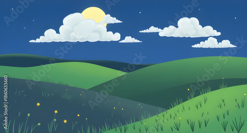 landscape green grass blue sky, grassy meadow vector, scenic nature illustration, green field landscape, summer meadow drawing, countryside scenery vector, green grass hills illustration, blue sky lan
