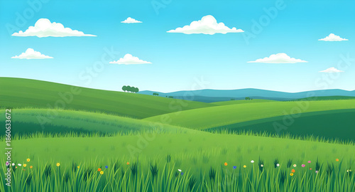 landscape green grass blue sky, grassy meadow vector, scenic nature illustration, green field landscape, summer meadow drawing, countryside scenery vector, green grass hills illustration, blue sky lan