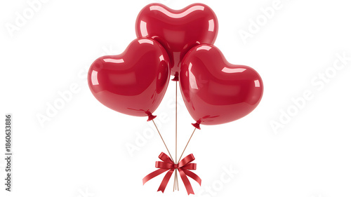 Three shiny red heart-shaped balloons tied with a bow, symbolizing love and celebration