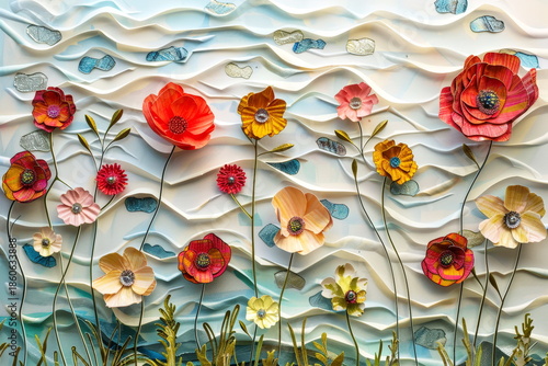 abstract background with flowers. 3D embossed clay wall elegant multicolored flowers